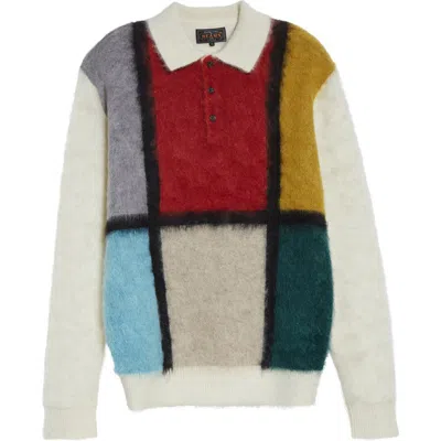 Beams Shaggy Wool & Mohair Blend Polo Sweater In Multi