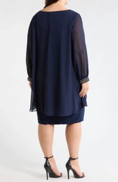 Sl Fashions Beaded Overlay Long Sleeve Chiffon Cocktail Dress In Blue