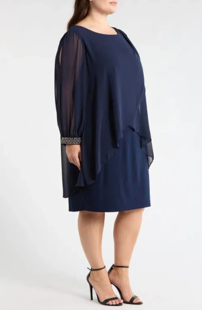 Sl Fashions Beaded Overlay Long Sleeve Chiffon Cocktail Dress In Blue