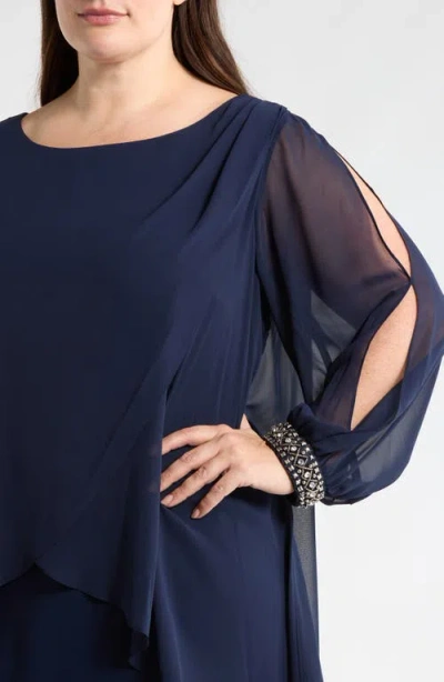 Sl Fashions Beaded Overlay Long Sleeve Chiffon Cocktail Dress In Blue