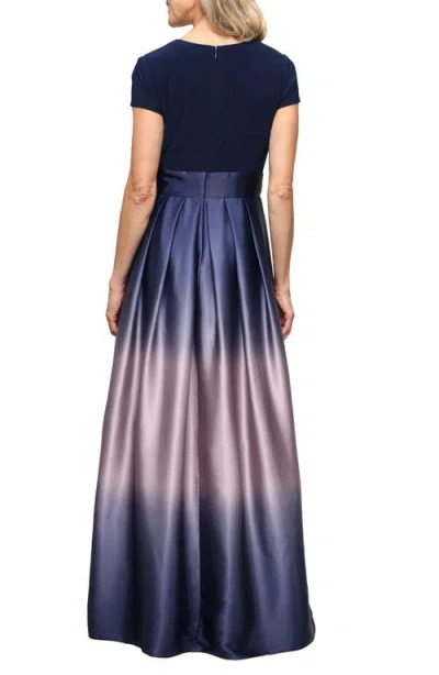 Sl Fashions Short Sleeve Jersey Bodice Ombré Satin A-line Gown In Blue