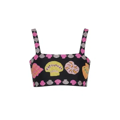 Oceanus Swimwear New York Hand-embroidered Top Black In Multi