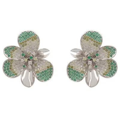 Latelita Women's Green / White / Yellow Gardenia Flower Large Stud Earrings Silver Greens In Multi