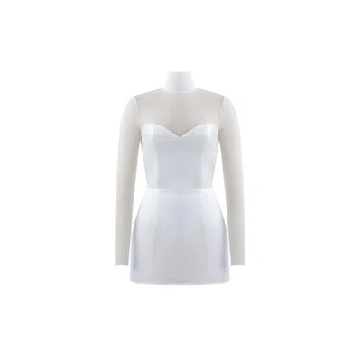 Iellele Women's White Noel Mini Dress With Mesh Turtleneck And Detachable Faux Fur Trim In White