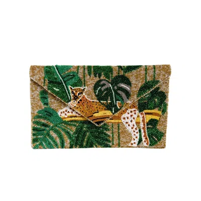 Pick Happy Women's Gold / Green Leopard Hand Beaded Clutch Bag Gold Green In Multi