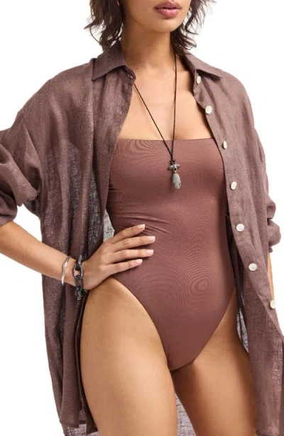 Vitamin A ® Playa Oversize Linen Cover-up Shirt In Brown