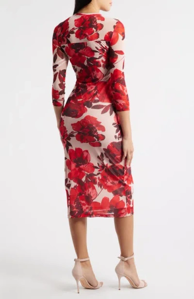 Anne Klein Side Ruched Long Sleeve Midi Dress In Multi