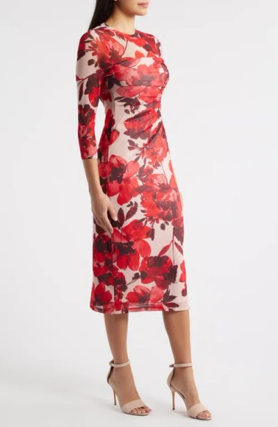 Anne Klein Side Ruched Long Sleeve Midi Dress In Multi