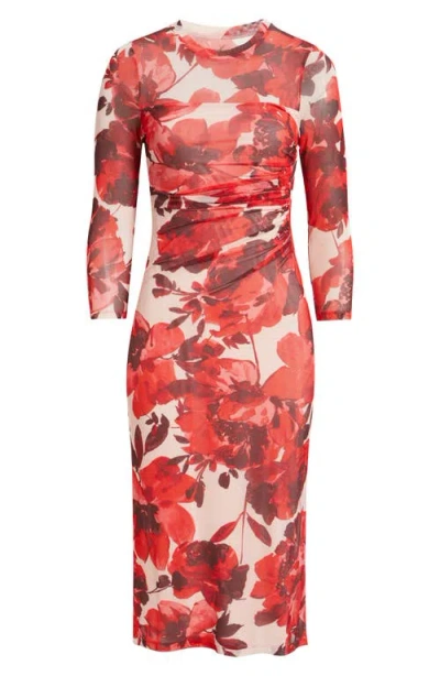 Anne Klein Side Ruched Long Sleeve Midi Dress In Multi