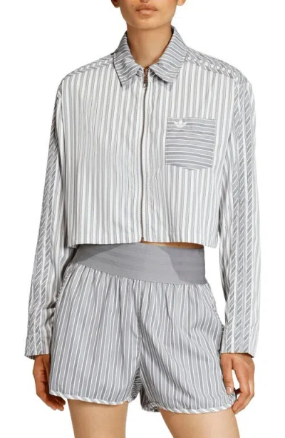 Adidas Originals Stripe Crop Zip-up Shirt In Gray