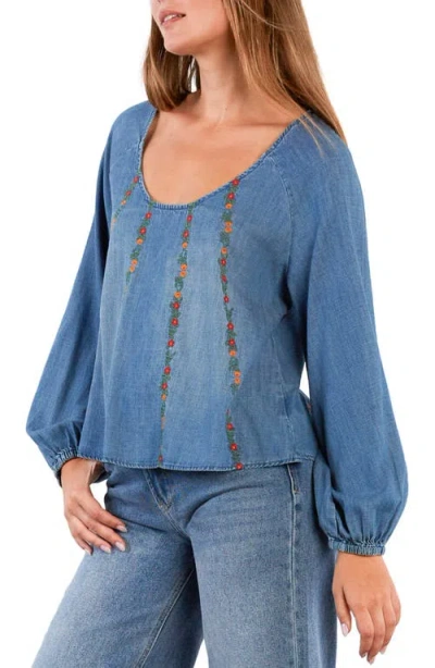 Billy T Floral Wallpaper Embroidered Top In Blue