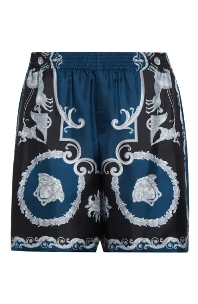 Versace Baroque-printed Silk-nylon Shorts With Elastic Waistband In Blue