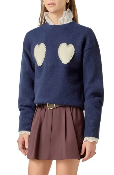 English Factory Faux Pearl Heart Crewneck Sweater In Blue