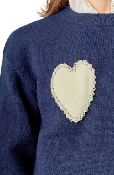 English Factory Faux Pearl Heart Crewneck Sweater In Blue