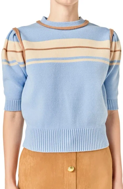 English Factory Stripe Puff Sleeve Sweater In Blue