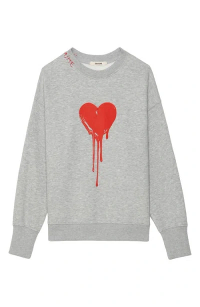 Zadig & Voltaire Womens Gris Chine Clai Oscar Heart-print Long-sleeve Cotton-jersey Sweatshirt In Gray