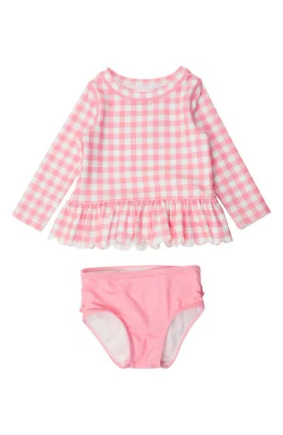 Rufflebutts Gingham Scallop Hem Long Sleeve Two-piece Rashguard Swimsuit In Pink