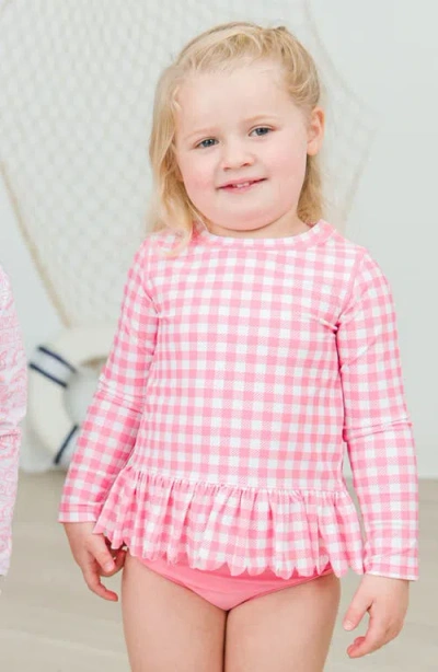 Rufflebutts Gingham Scallop Hem Long Sleeve Two-piece Rashguard Swimsuit In Pink