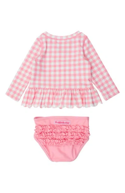 Rufflebutts Gingham Scallop Hem Long Sleeve Two-piece Rashguard Swimsuit In Pink