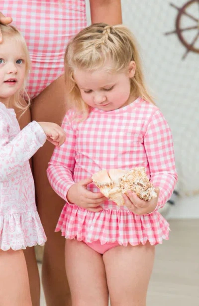 Rufflebutts Gingham Scallop Hem Long Sleeve Two-piece Rashguard Swimsuit In Pink