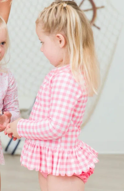 Rufflebutts Gingham Scallop Hem Long Sleeve Two-piece Rashguard Swimsuit In Pink