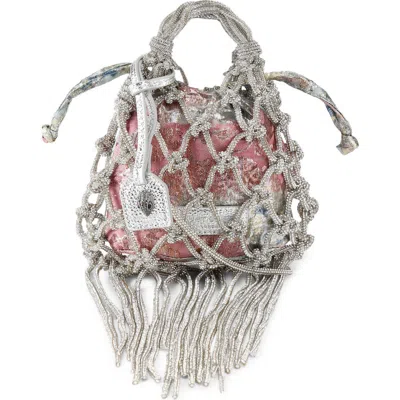 Kurt Geiger London Mini Macramé Crystal Drawstring Bag In Gray