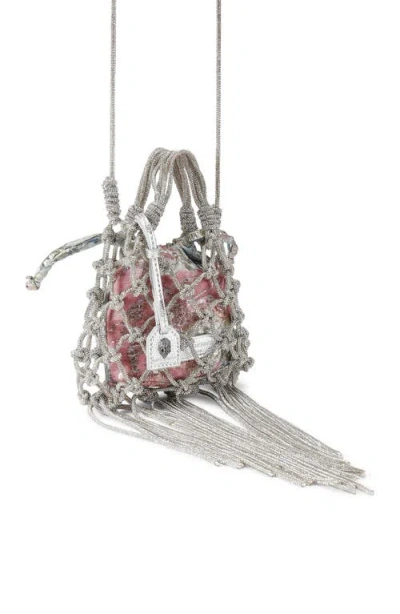 Kurt Geiger London Mini Macramé Crystal Drawstring Bag In Gray