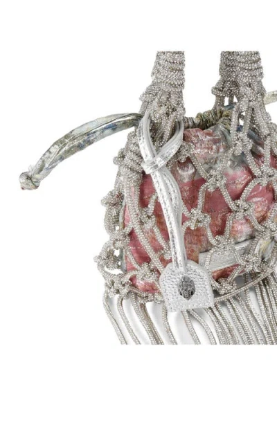 Kurt Geiger London Mini Macramé Crystal Drawstring Bag In Gray