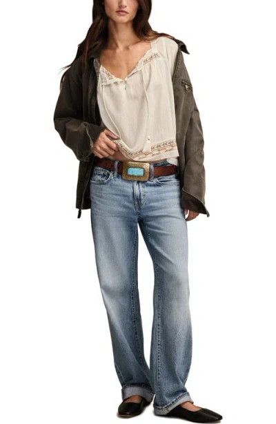 Lucky Brand Metallic Stripe Embroidered Cotton Peasant Top In Blue