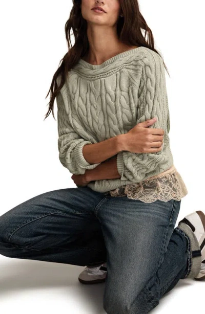Lucky Brand Cable Stitch Boat Neck Cotton Sweater In Green