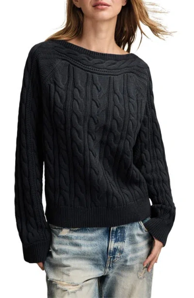 Lucky Brand Cable Stitch Boat Neck Cotton Sweater In Black