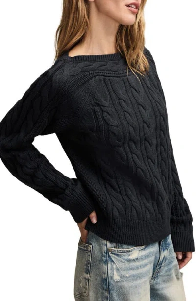 Lucky Brand Cable Stitch Boat Neck Cotton Sweater In Black