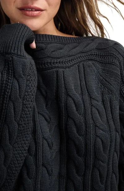 Lucky Brand Cable Stitch Boat Neck Cotton Sweater In Black