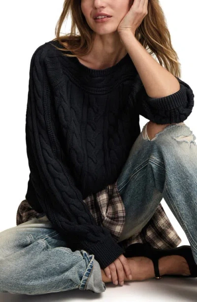 Lucky Brand Cable Stitch Boat Neck Cotton Sweater In Black