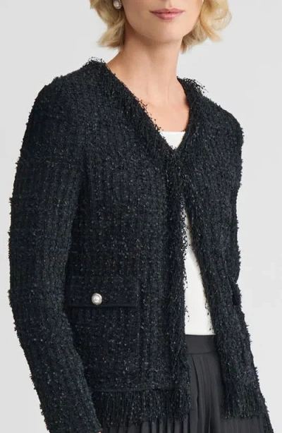 Misook Tailored Eyelash Fringe Trim Knit Jacket In Black