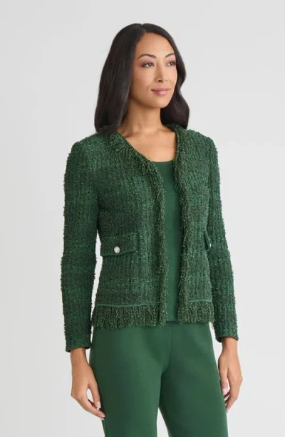Misook Tailored Eyelash Fringe Trim Knit Jacket In Green