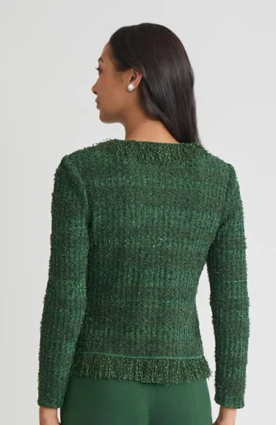 Misook Tailored Eyelash Fringe Trim Knit Jacket In Green