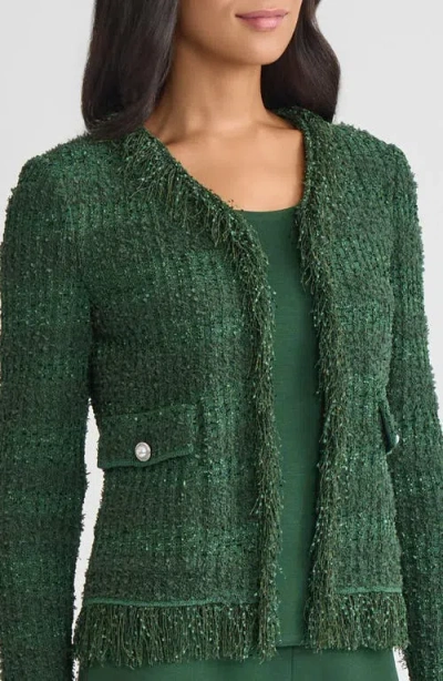 Misook Tailored Eyelash Fringe Trim Knit Jacket In Green