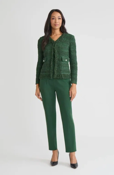 Misook Tailored Eyelash Fringe Trim Knit Jacket In Green