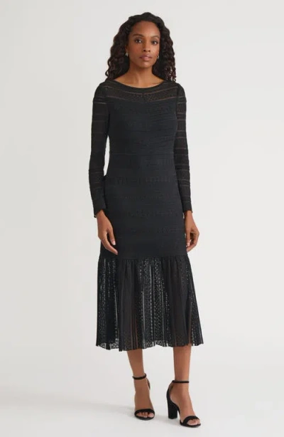 Misook Fit & Flare Lined Sheer Lace Soft Knit Maxi Dress In Black