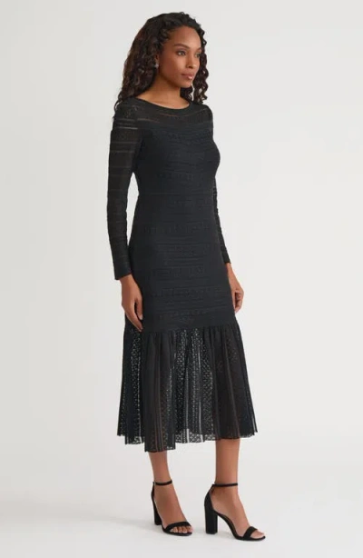 Misook Fit & Flare Lined Sheer Lace Soft Knit Maxi Dress In Black