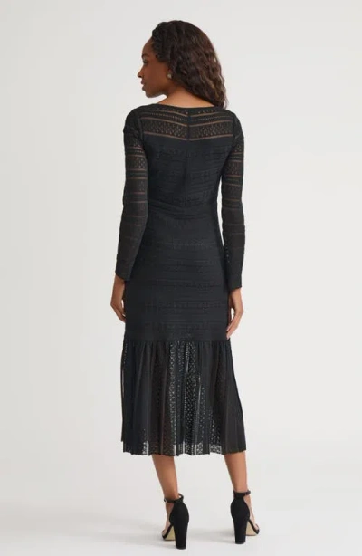 Misook Fit & Flare Lined Sheer Lace Soft Knit Maxi Dress In Black