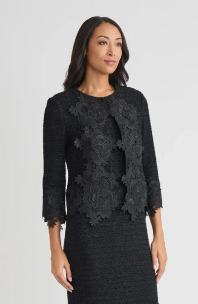 Misook Heritage Floral Lace Applique Knit Jacket In Black