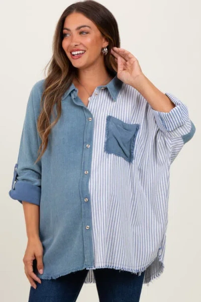 Pinkblush Colorblock Stripe Oversized Button Down In Blue