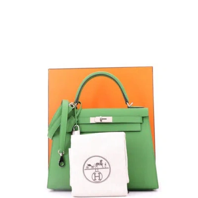 Pre-owned Hermes  Hermes Kelly Handbag Green Epsom With Palladium Hardware 28 In Green