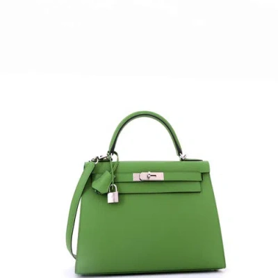 Pre-owned Hermes  Hermes Kelly Handbag Green Epsom With Palladium Hardware 28 In Green