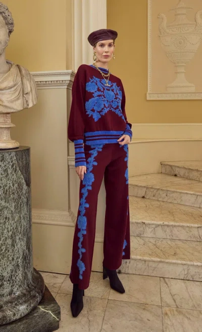 Temperley London Floral Knit Trousers In Burgundy