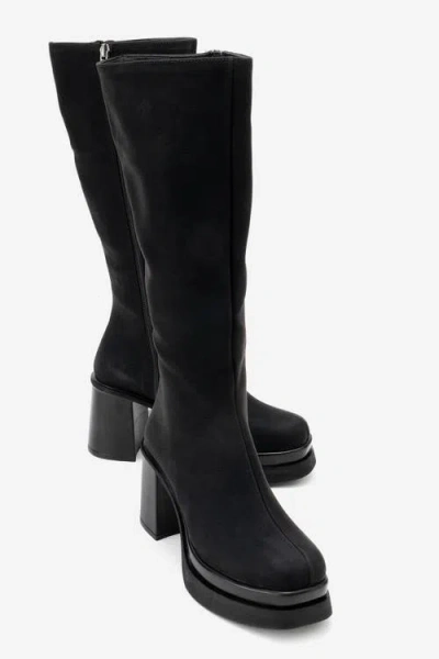 Prologue Shoes Carm Nubuck Platform Mid Calf Boot In Black