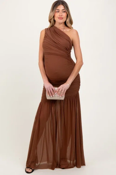 Pinkblush Ruched Mesh One Shoulder Maxi Dress In Brown