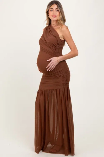 Pinkblush Ruched Mesh One Shoulder Maxi Dress In Brown